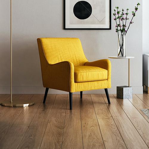Żółty fotel tapicerowany styl skandynawski